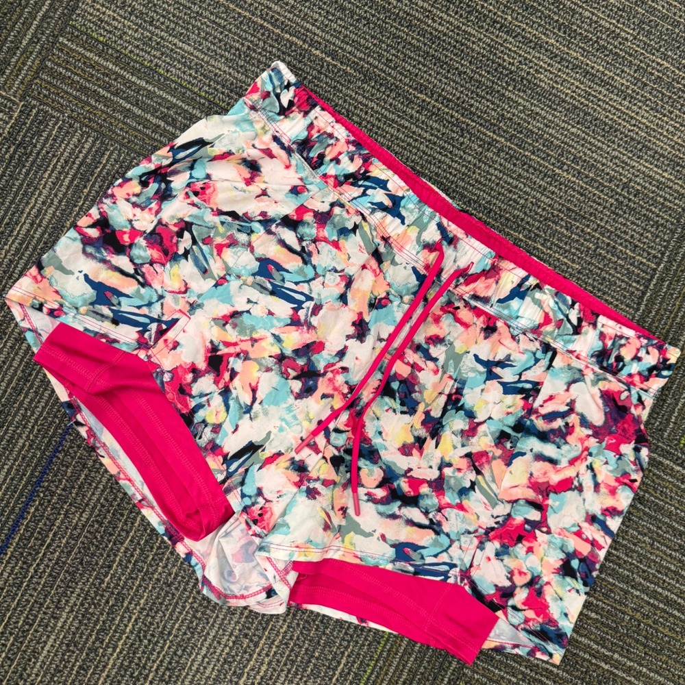 Avia Running Shorts Womens‎ XL Pink Multi Abstract Floral Built-in Liner EUC